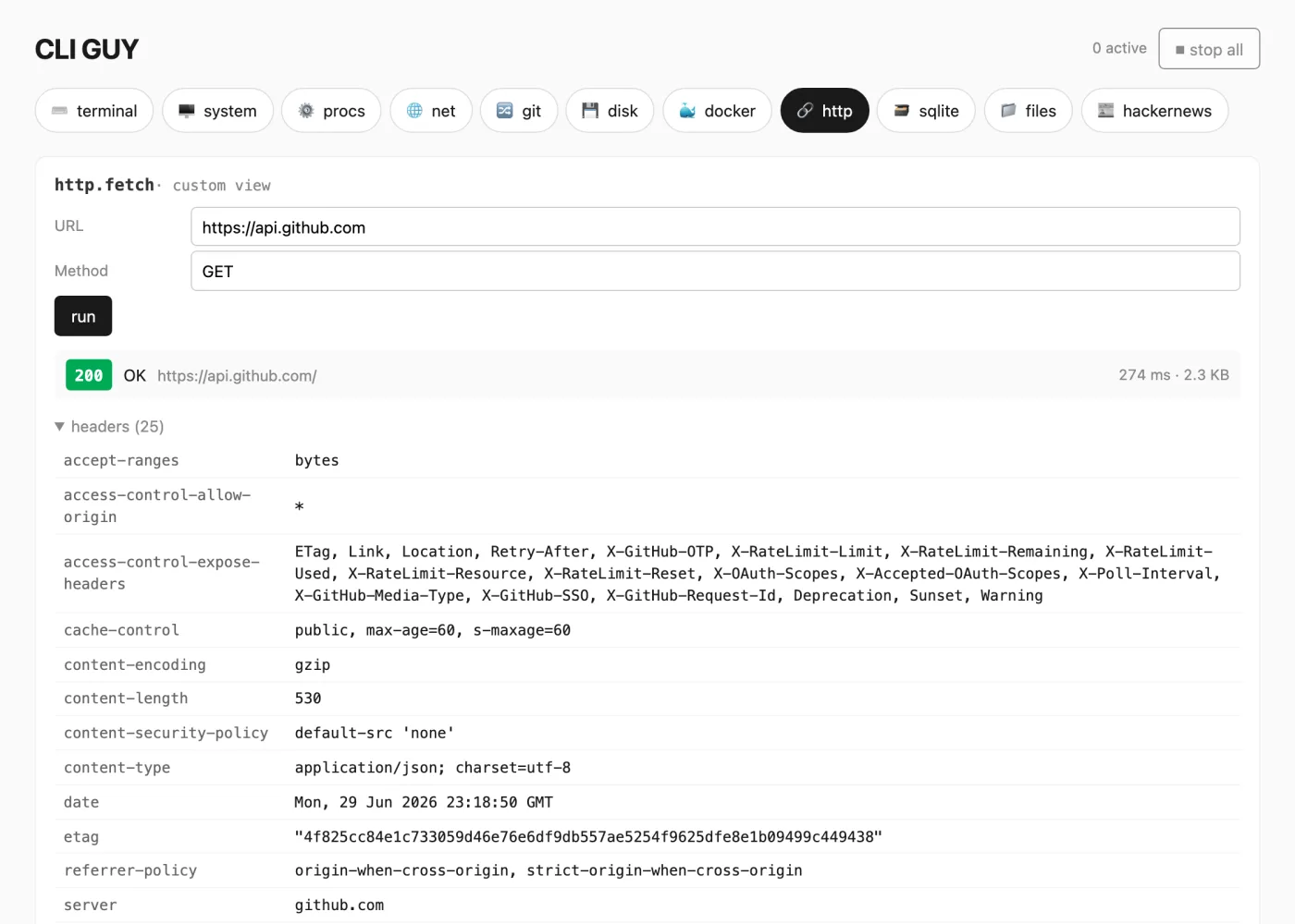 CLI GUY http tab as a request inspector with status, timing and headers