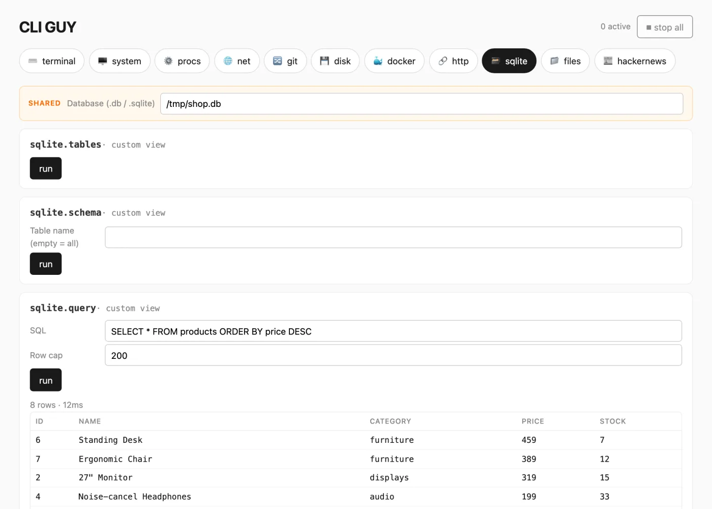 CLI GUY sqlite tab with sortable query results